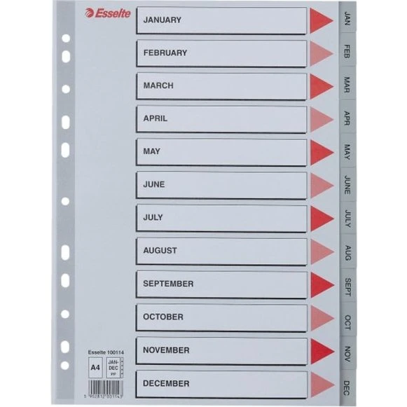 Esselte Plastregister jan-dec A4, grå m/kartonforblad