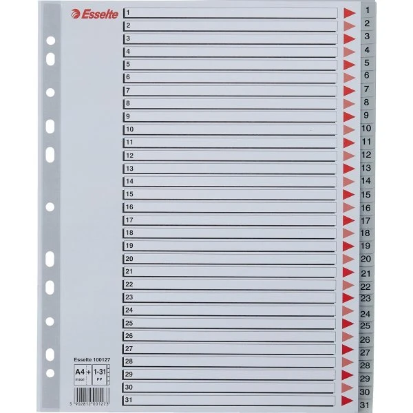 Esselte A4 Maxi plastregister 1-31 grå m/forblad (10 stk)