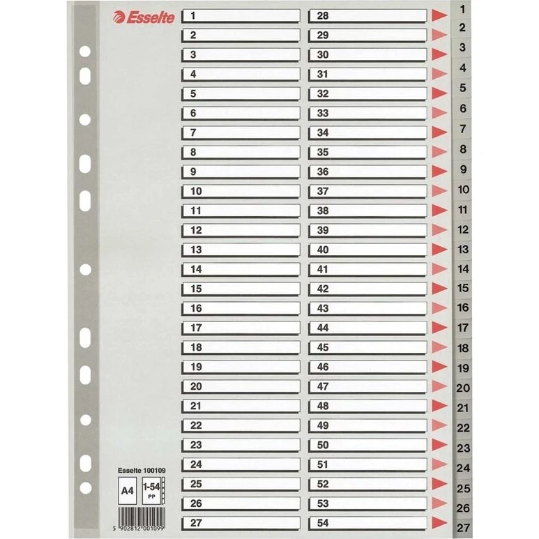 Esselte A4 plastregister 1-54 grå m/forblad