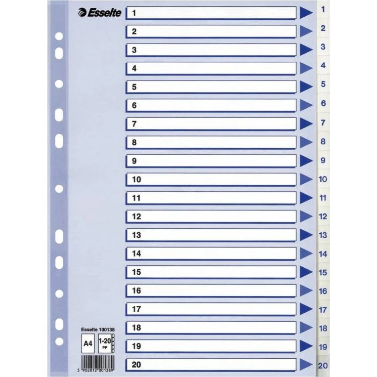 Esselte Faneblade A4 1-20 Hvide plast 10 sæt