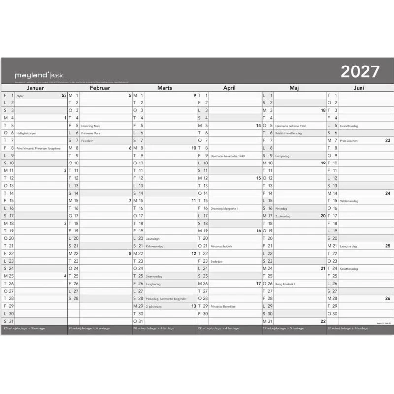 Mayland Basic Kontorkalender 2027 A2 med whiteboard-funktion