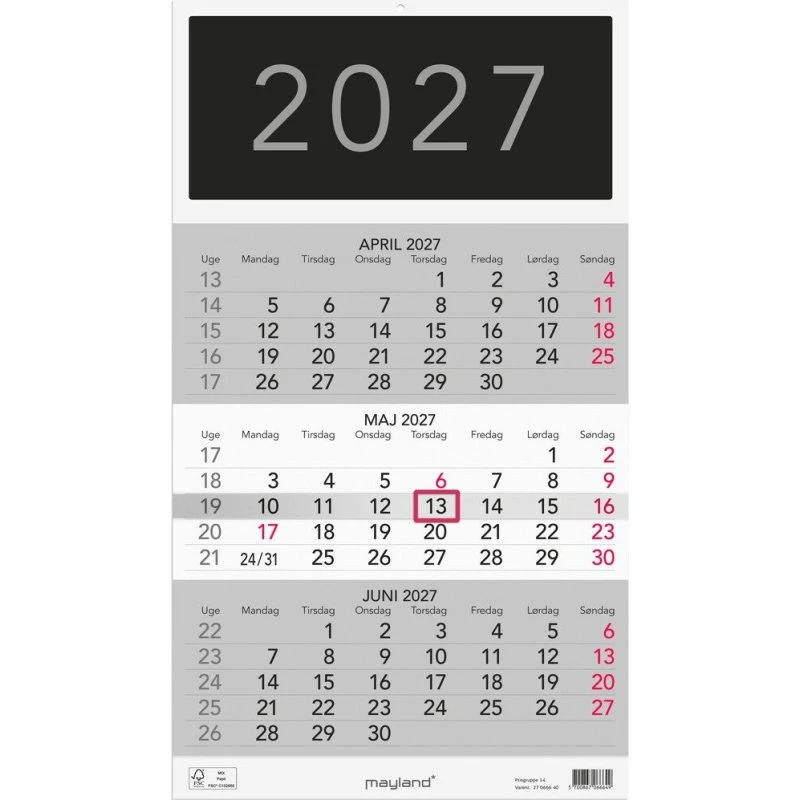 Mayland Vægkalender Triplanner 2027 - 28,5 x 50 cm