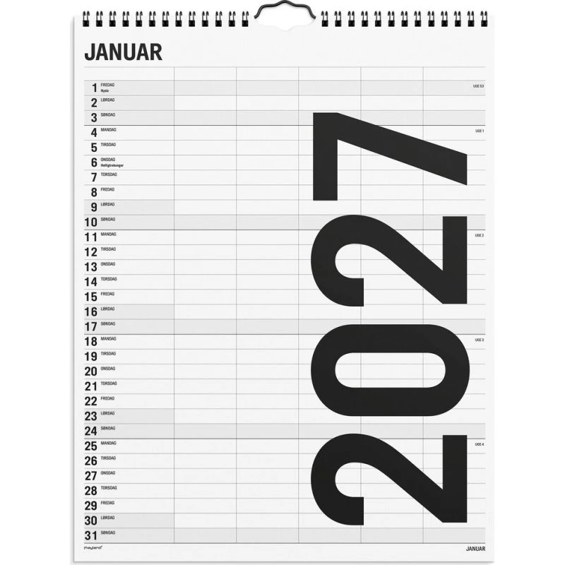 Mayland Familiekalender 2027 Black and White 5 kol. 29,5 x 39 cm