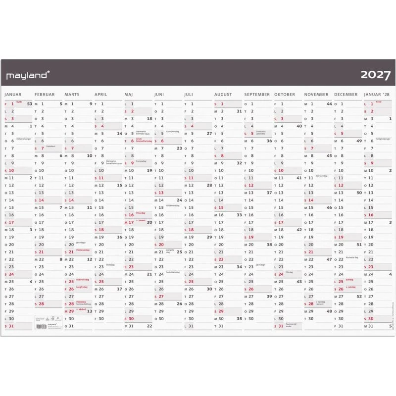 Mayland Kæmpekalender 2027 - Moderne 13 mdr. Vægkalender 70x100 cm