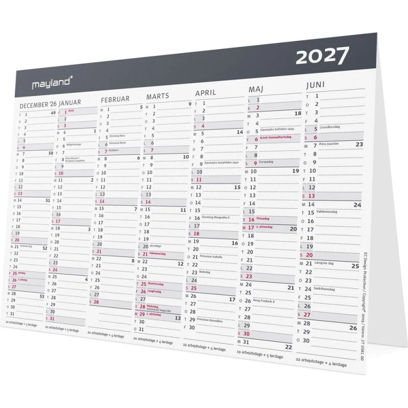 Mayland Bordkalender 2027 Moderne A5 Stående 2x7 mdr.