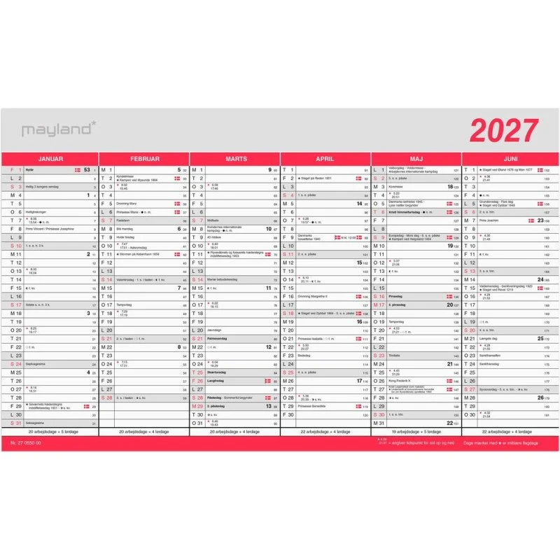 Mayland Kontorkalender 2027 stor m/flagdage 39 x 24 cm