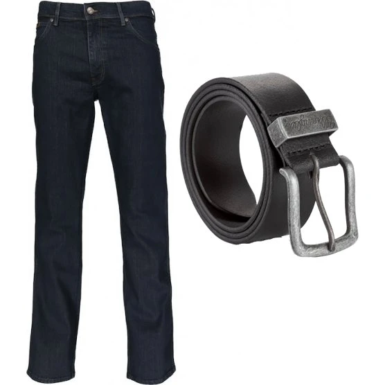 Wrangler Texas Stretch Jeans Blueblack med læderbælte 40W/36L