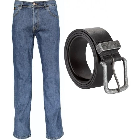 Wrangler Texas Stretch Jeans Stonewash med læderbælte 40W/32L