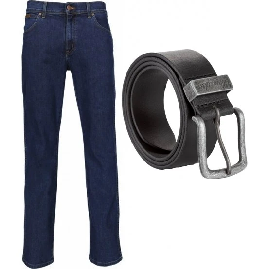 Wrangler Texas Stretch Jeans Darkstone m. læderbælte 42W/30L