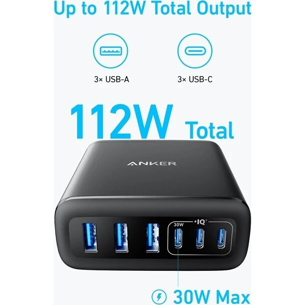 Anker 112W 6-Port GaN Charger - Black