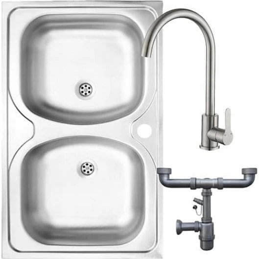 Kuchinox Dobbelt stålvask 80x50 med Mono-vandhane og vandlås
