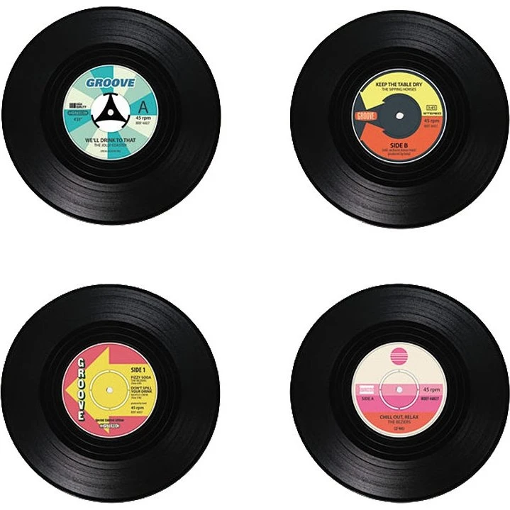 4-Pak Glasunderlag Vinylplader - Retro Design