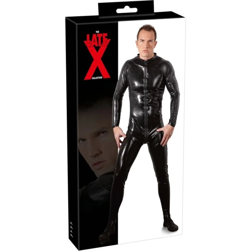 LATE X Latex Lang Herrejumpsuit med lynlås, Sort, L