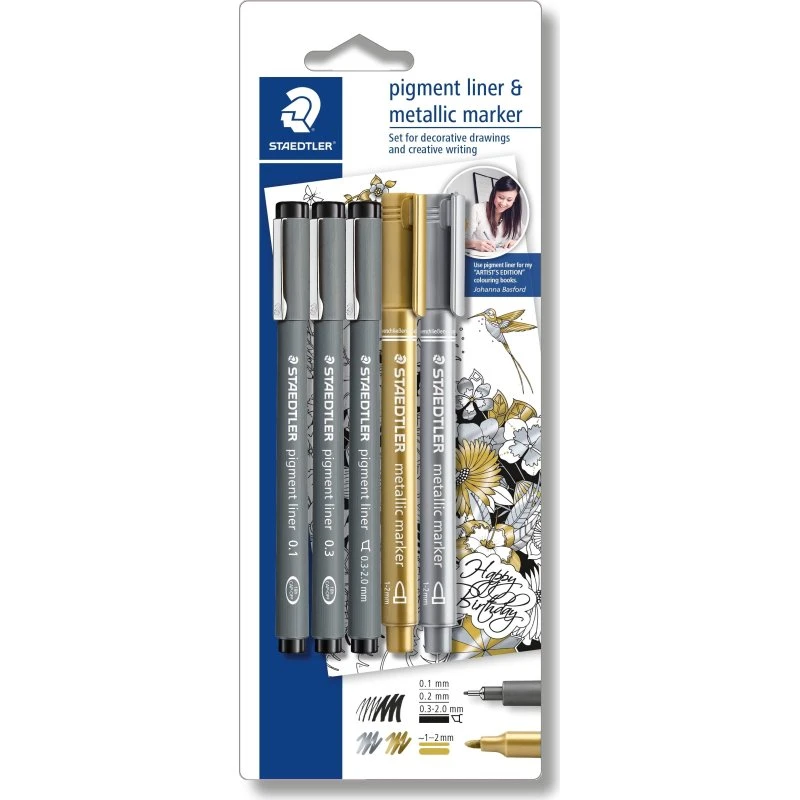 Staedtler Pigment Liner Promo Sæt - Sort, Sølv og Guld (3+2 stk)