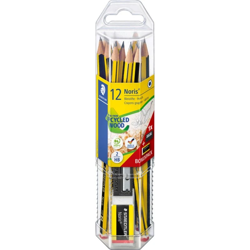 Staedtler Noris blyantsæt med 12 HB grafitblyanter, viskelæder og spidser