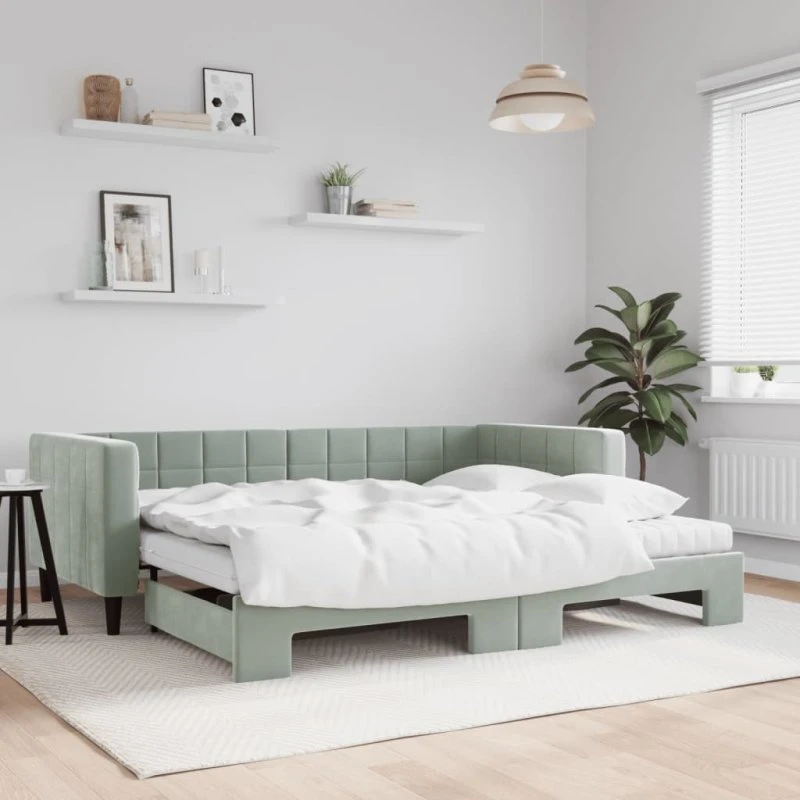 vidaXL Daybed med udtræk og madras 90x190 cm - lysegrå velour