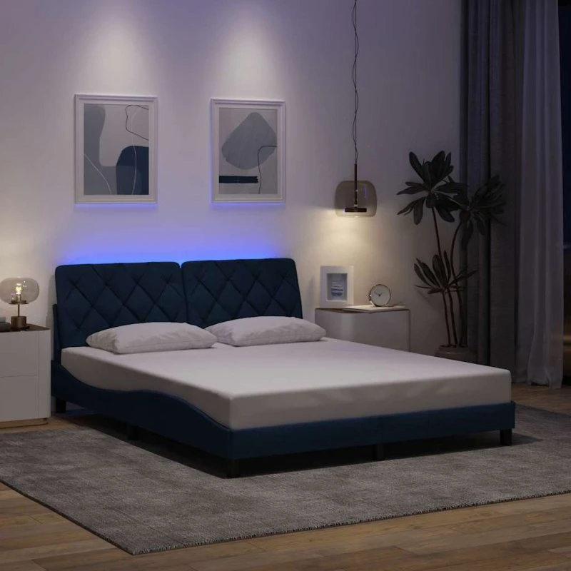 vidaXL Sengeramme med LED 160x200 cm i blå stof
