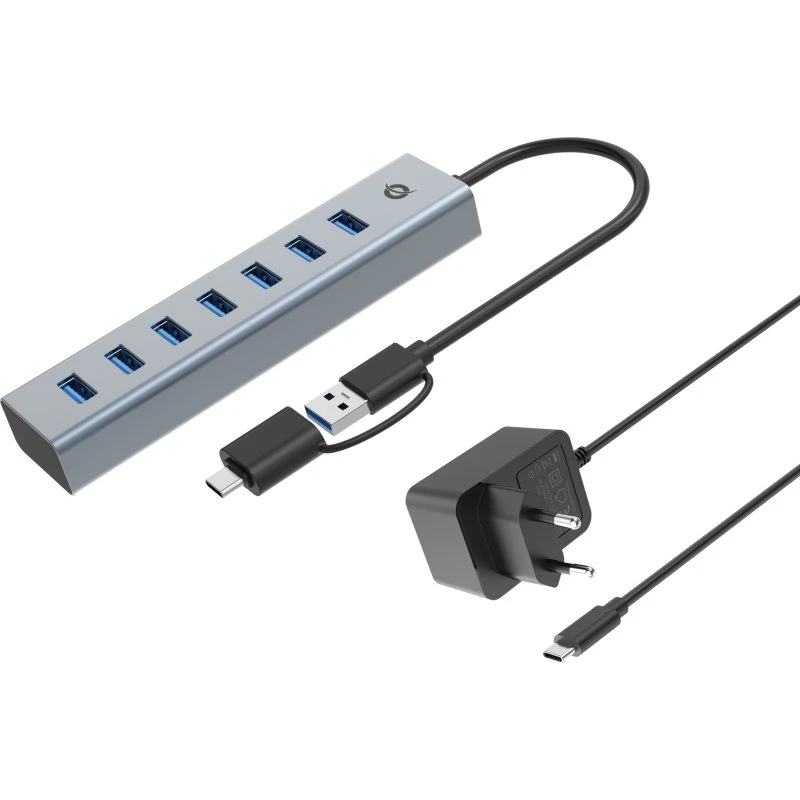 Conceptronic HUBBIES21GP USB 3.2 Hub med 7 porte, Grå Aluminium