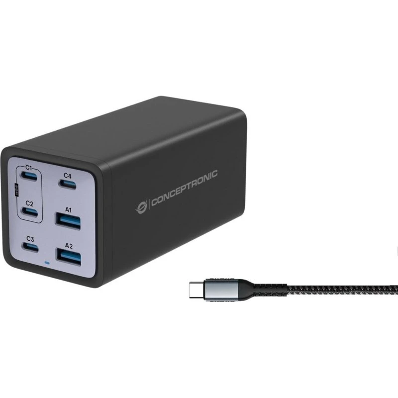 Conceptronic 200W GaN USB-oplader med 6 porte og USB-C-kabel - sort
