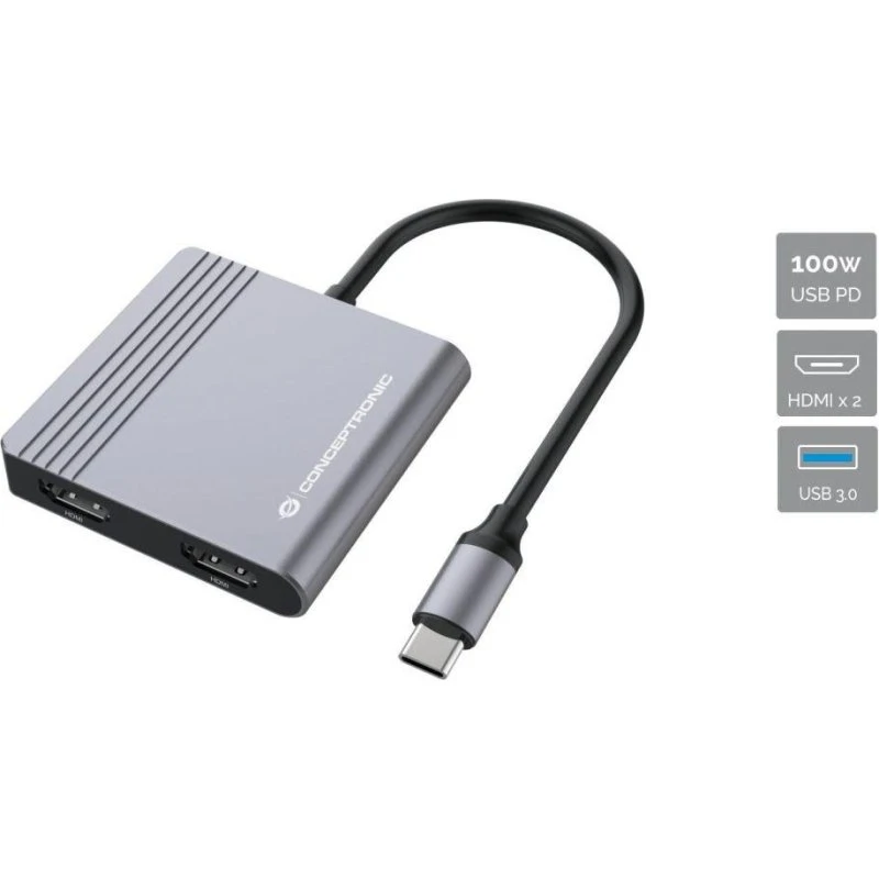 Conceptronic DONN13G USB-C Dockingstation med 2 x HDMI - Grå