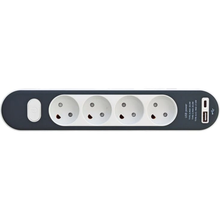 E-Line stikdåse 4-vejs med afbryder og USB A+C, 1,4 m