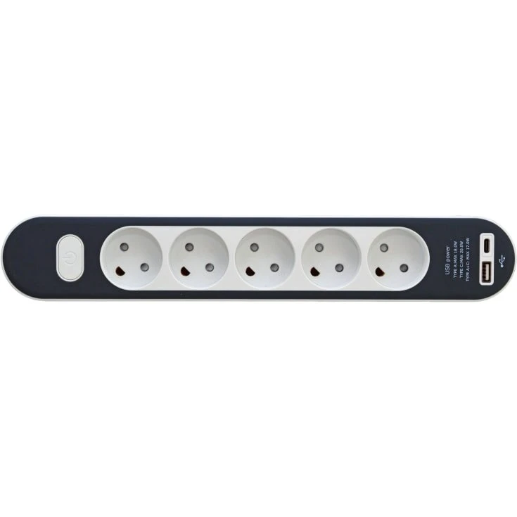 E-Line stikdåse 5-udtag med afbryder, jord & USB A+C 1,4 m