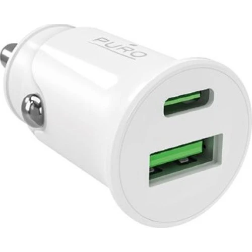 Puro Pro Lite Biloplader med USB-A & USB-C 20W - Hvid