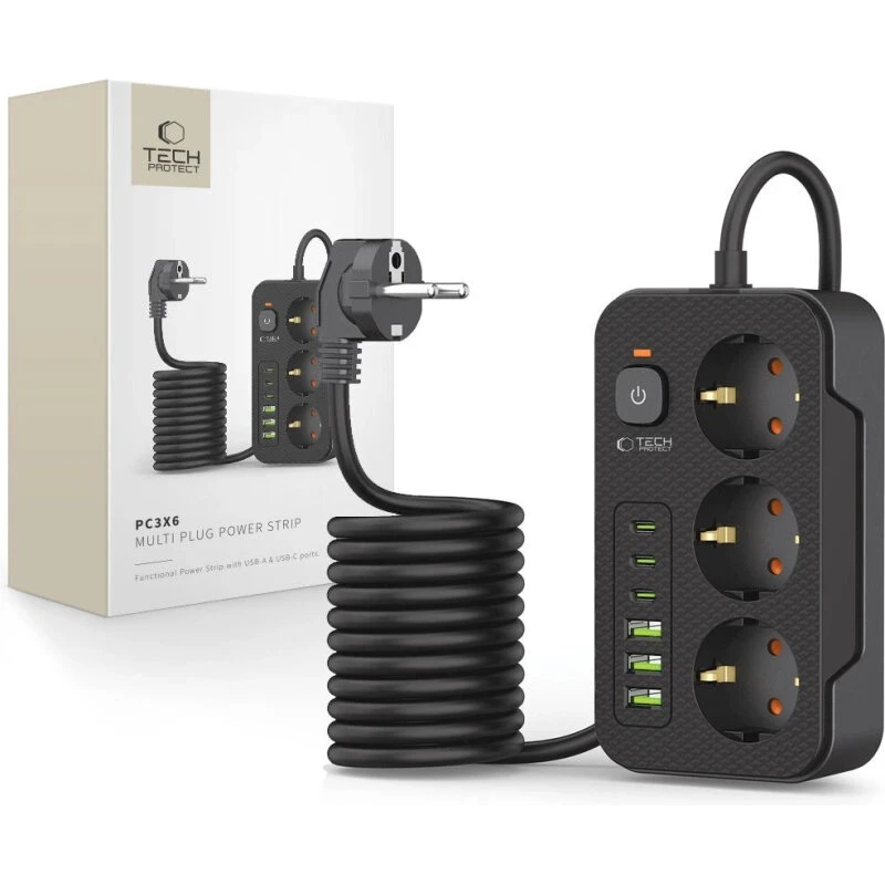 Tech-Protect PC3X6 Strømstik 3xUSB-A/3xUSB-C +3 stikkontakter, 200 cm, sort