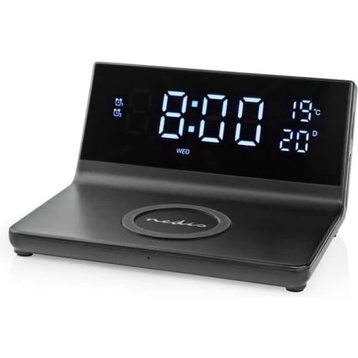 Nedis 3-i-1 vækkeur med trådløs Qi-opladning 5/7.5/10/15W, 2 alarmer