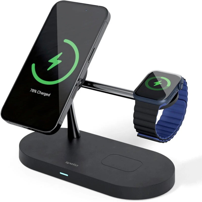 Spello 3-i-1 Magnetisk Trådløs Oplader 15W – MagSafe, Sort