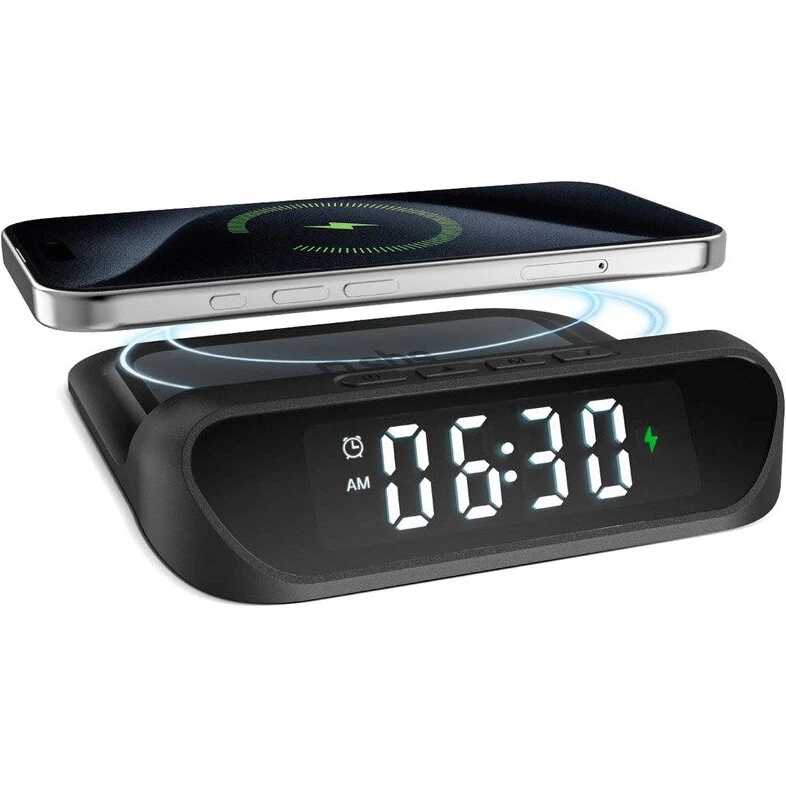 SBS 2-i-1 vækkeur med trådløs oplader 15W - sort