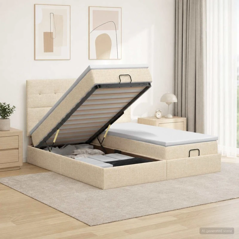 vidaXL Ottoman seng med madras og LED, cremefarvet, 200 x 200 cm