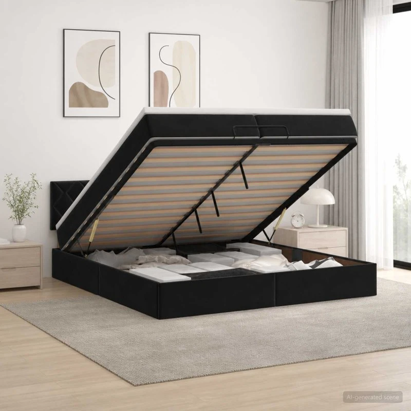 vidaXL Ottoman seng med madras og LED - Sort Velour 200 x 200 cm