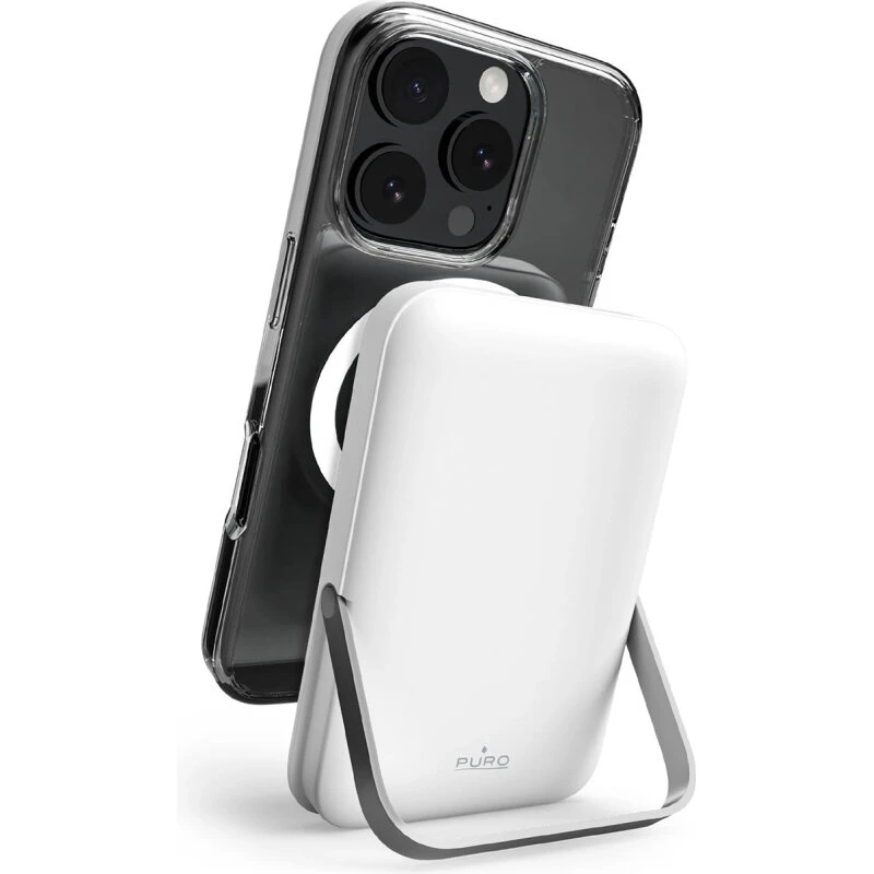 Puro 10000mAh MagSafe trådløs powerbank med aluminiumsstativ – hvid