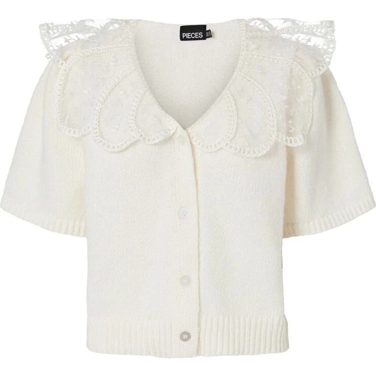 PCABBY SS Lace Collar Knit Cardigan - Kort ærme, O-hals