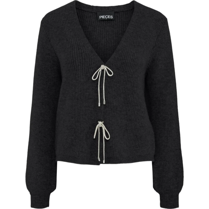 Pieces PCANNA strikket cardigan med glimmer-sløjfe – Black