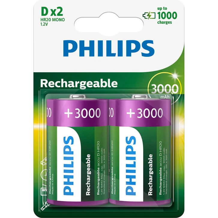 Philips genopladelige D-batterier NiMH 3000 mAh, 2 stk.