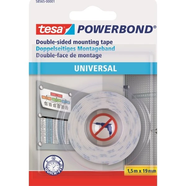 Tesa Powerbond dobbeltklæbende monteringstape 19 mm x 1,5 m, hvid
