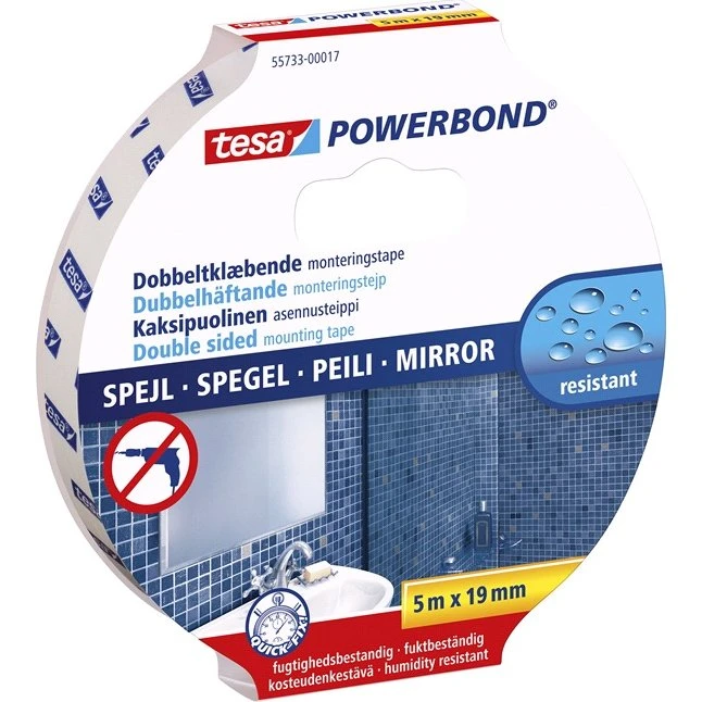 tesa Powerbond dobbeltklæbende spejltape 5 m x 25 mm, hvid
