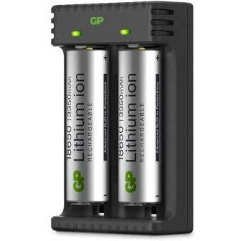 GP Li-ion 2-slot oplader L211 (sort/sølv) inkl. 2×18650 3350mAh