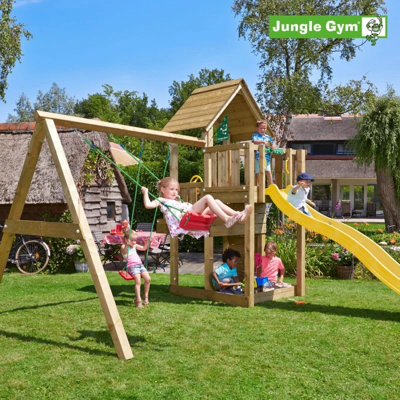Jungle Gym Cubby legetårn m/ Swing Module Xtra og gul rutsjebane