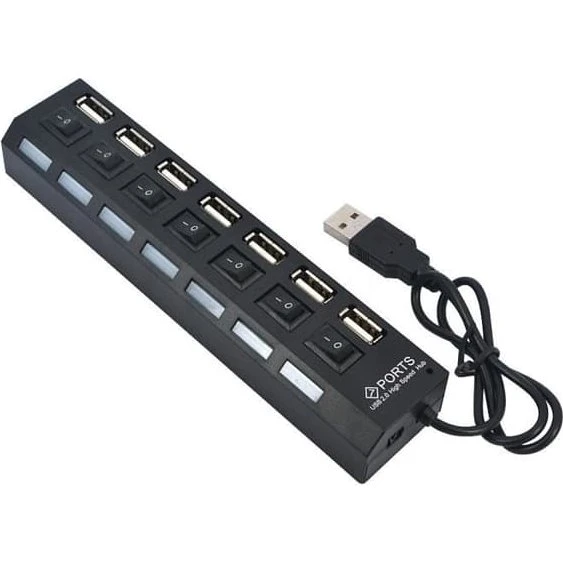 AIHONTAI USB-hub med 7 porte, USB 2.0, Sort med strømadapter