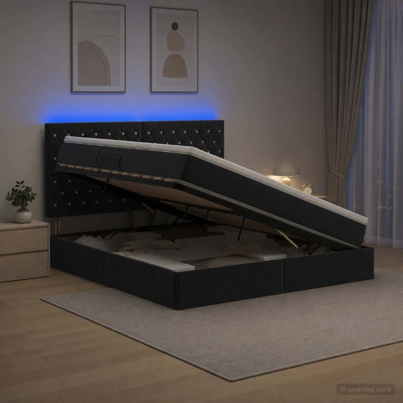 vidaXL LED Opbevaringsseng med madras, Sort Fløjl, 180x200 cm