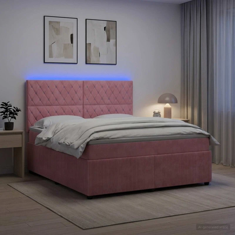 vidaXL LED Boksmadrasseng i lyserød fløjl, 160 x 200 cm