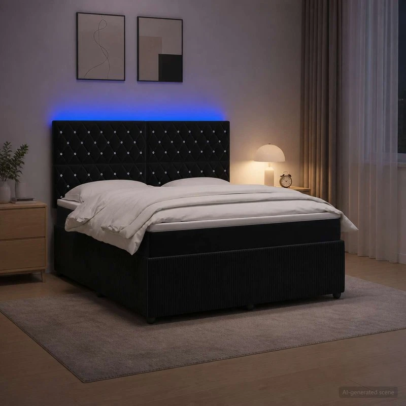 vidaXL LED Boksmadrasseng med madras, Sort Fløjl, 180 x 200 cm