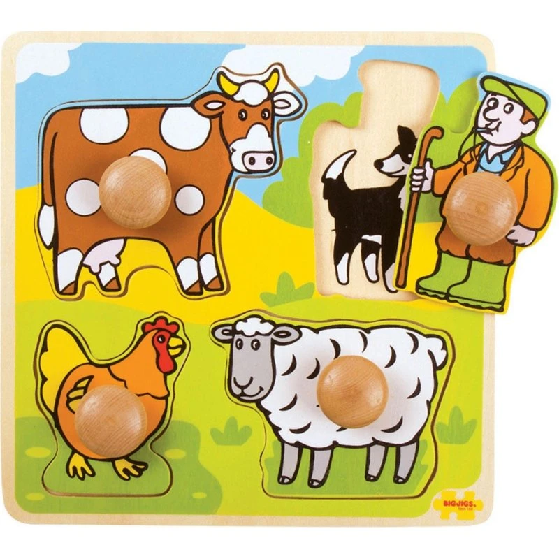Bigjigs Wooden Stud Puzzle Farm - 4 brikker