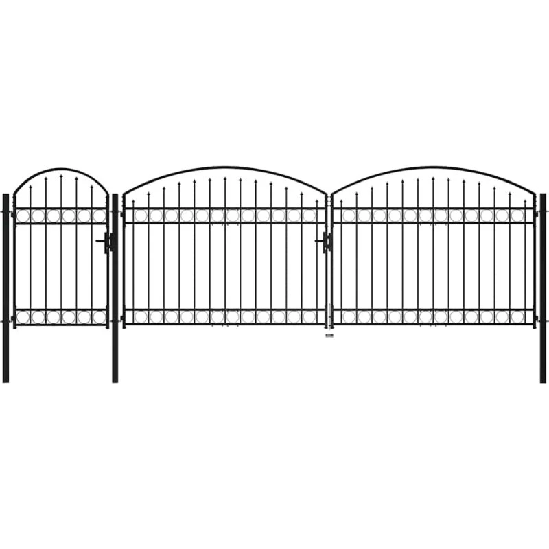 vidaXL ASSEN havehegnslåge i stål med buet top, sort, 1,5x5 m