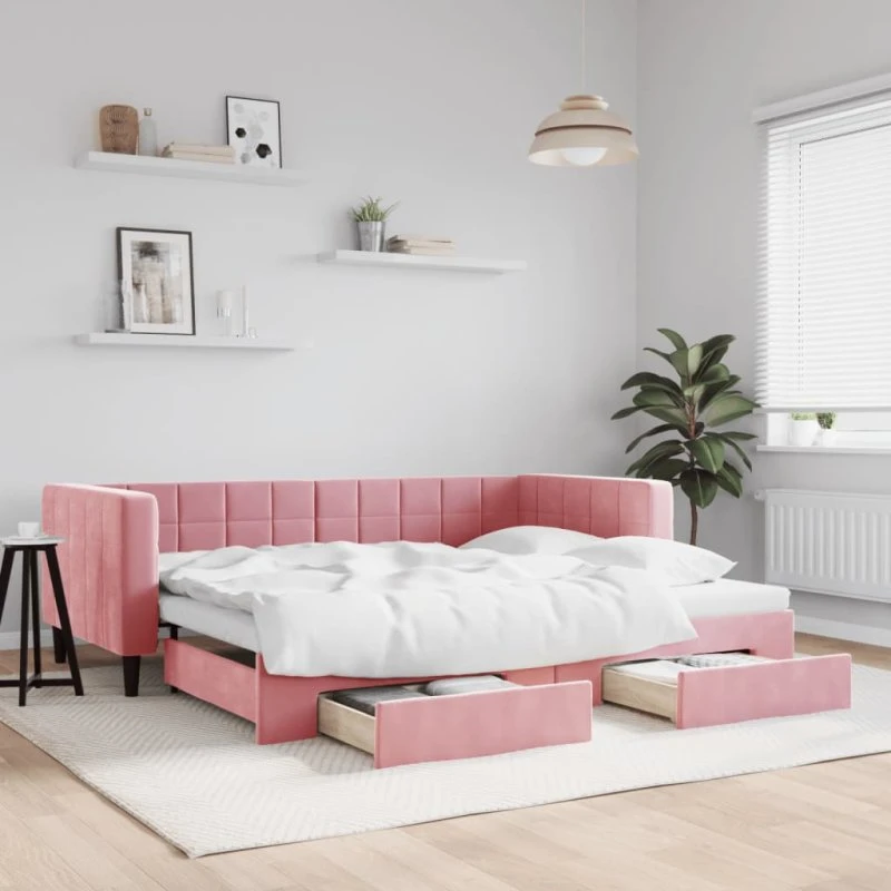 vidaXL Daybed med udtræk og skuffer, 90x200 cm, lyserød velour