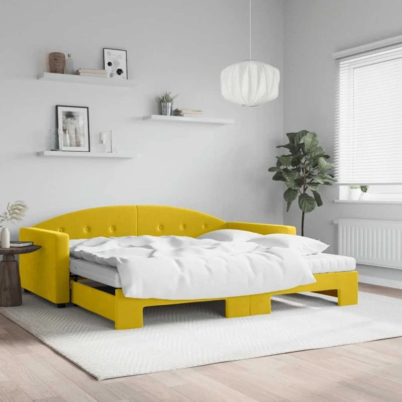 vidaXL Daybed med udtræk og madrasser, 100x200 cm, gul velour