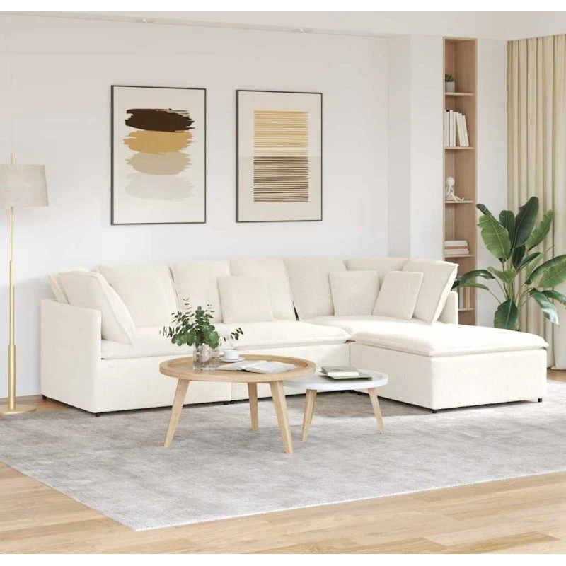 vidaXL Modulsofa med fodskammel & puder i creme uldlook
